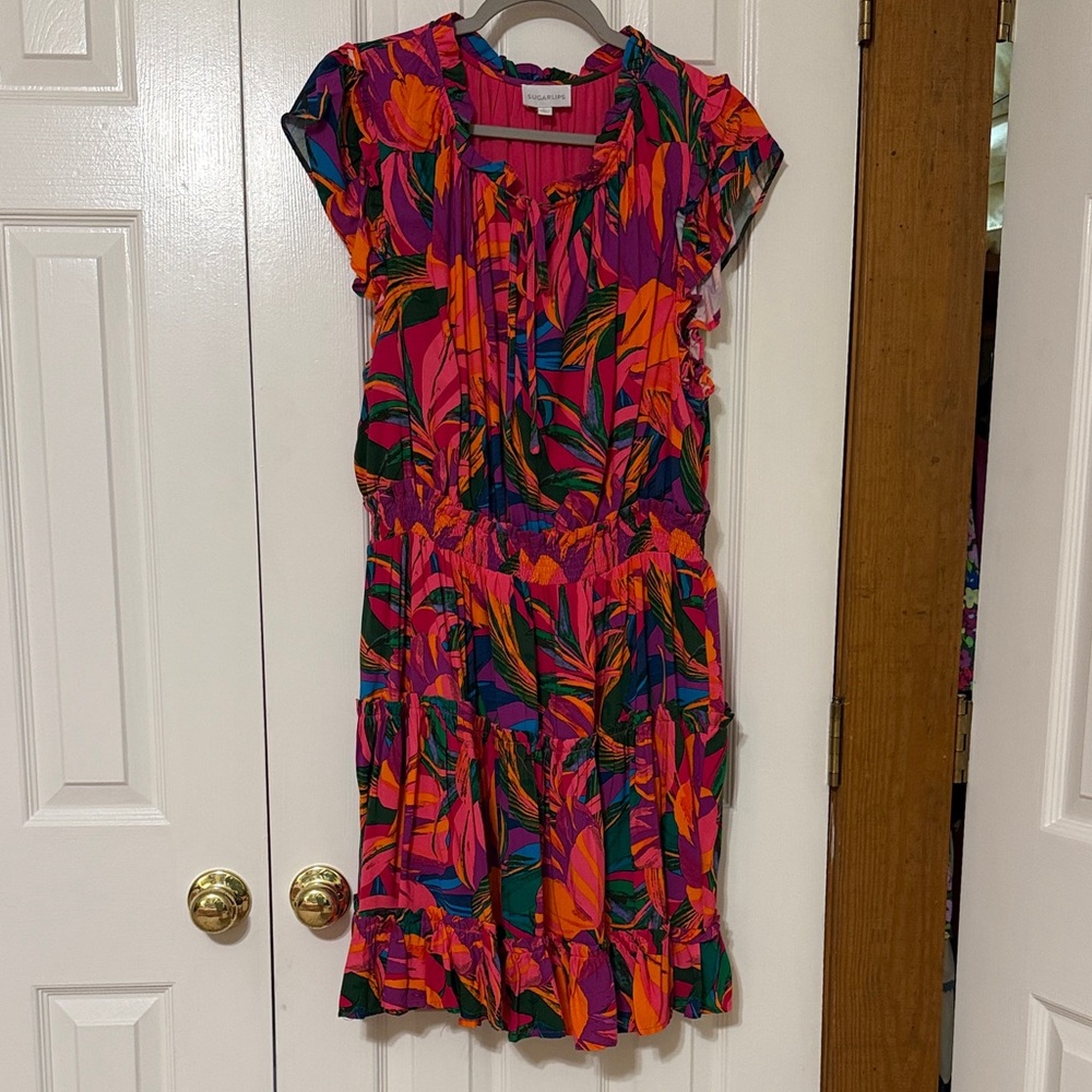 Sugarlips - 1X - Pink & Orange Tropical Floral Tiered Dress